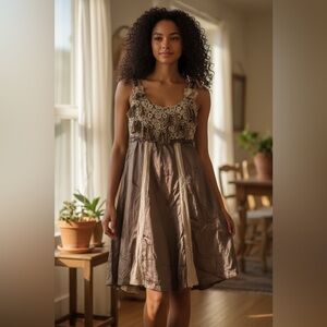 Radzoli Floral Lace Brown and Cream Mini Dress